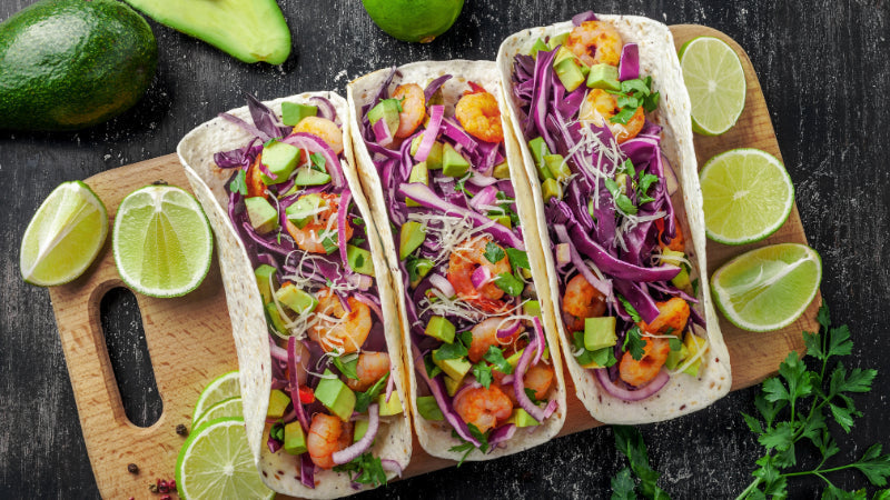 Spicy Garlic Habanero Shrimp Tacos with Avocado Slaw